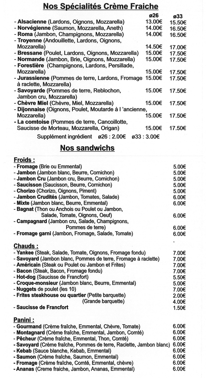 Nos pizza spécialités crème fraiche ; Nos sandwichs ; Nos panini